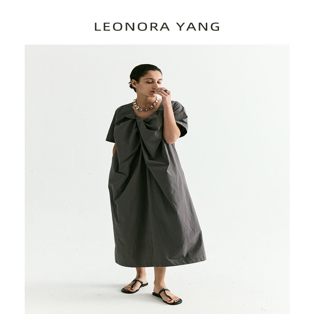 LEONORA YANG 24SS original niche stand cut twisted pleated V neck loose French dress for women s summer luxury image 14