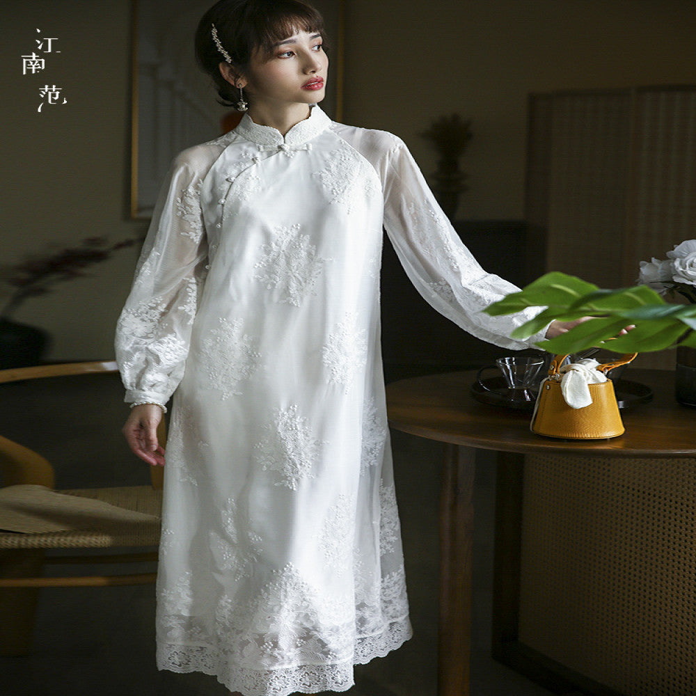 Jiangnan Fanxin Chinese style white full open front improved cheongsam certification light wedding dress lace retro tea suit dress spring image 0