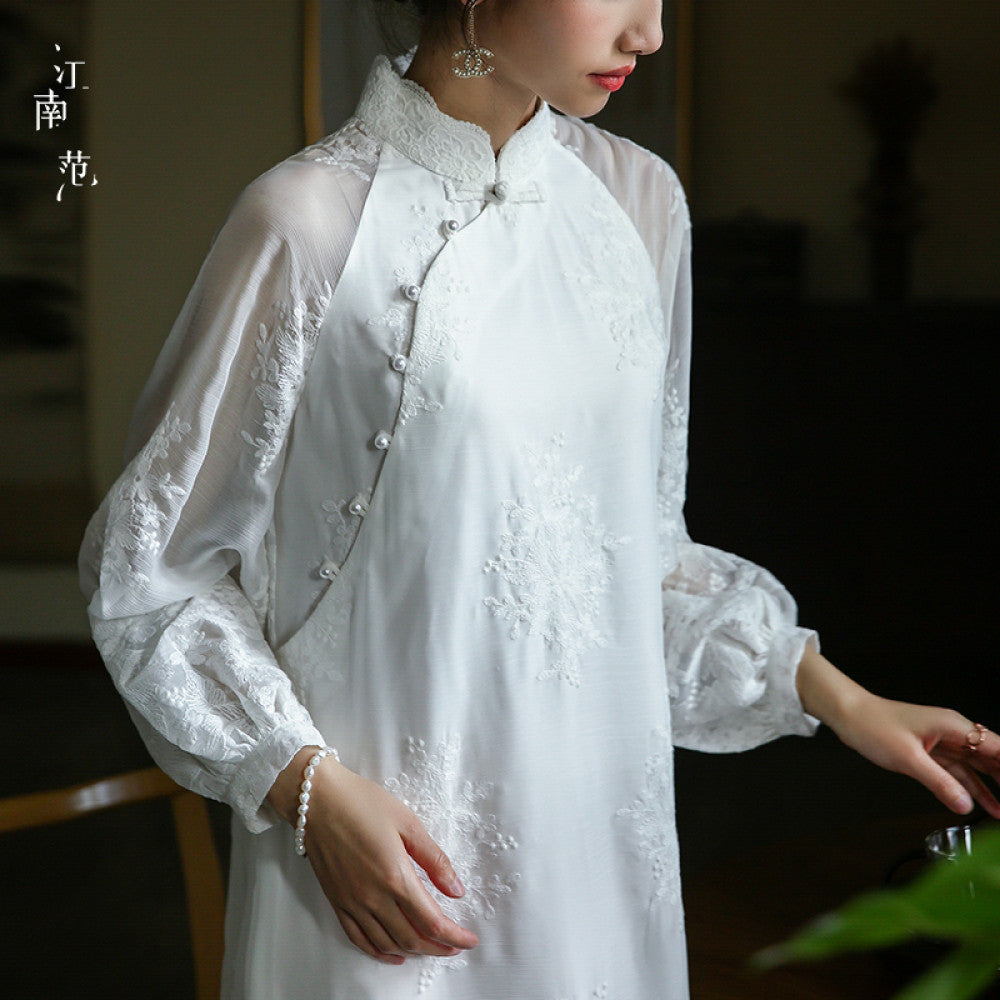 Jiangnan Fanxin Chinese style white full open front improved cheongsam certification light wedding dress lace retro tea suit dress spring image 9
