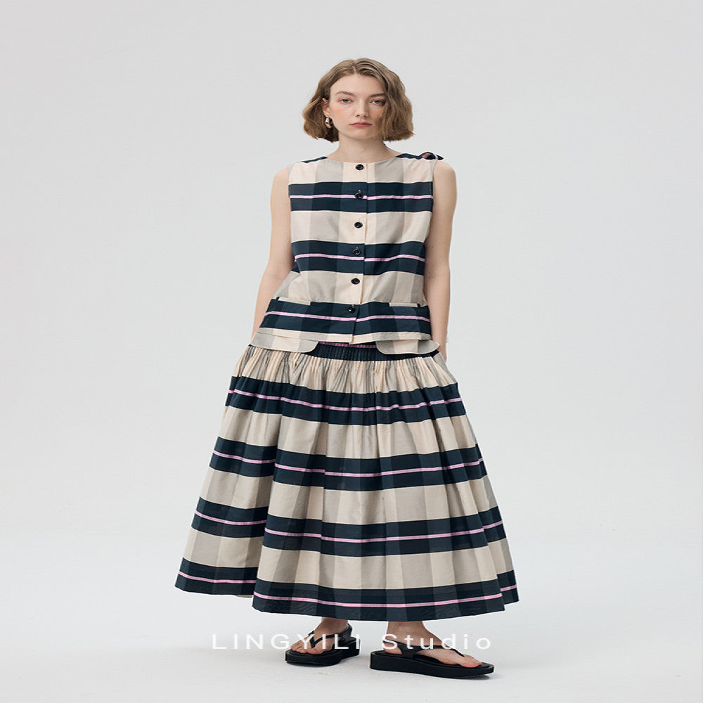 LINGYLI Summer Series Madras plaid cotton polyester yarn dyed sleeveless top pleated umbrella skirt set image 1