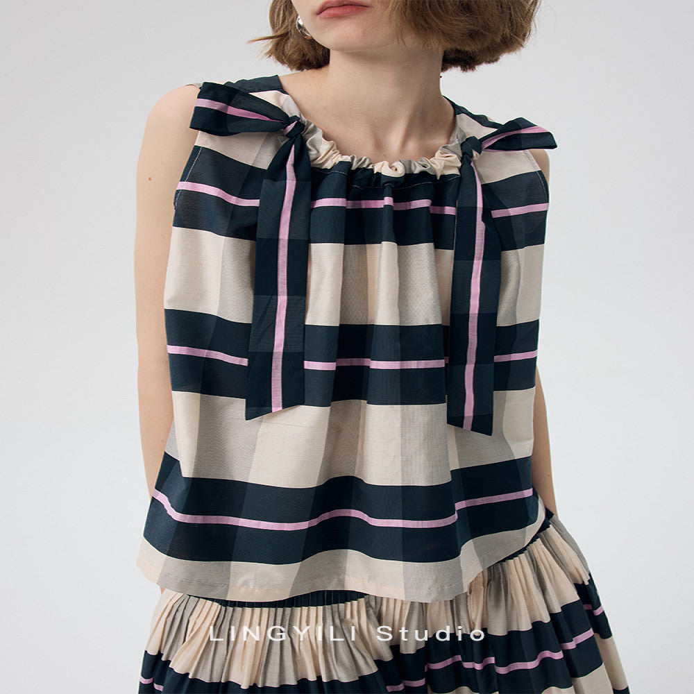 ASAYA3519 Check Cotton Polyester Yarn-dyed Sleeveless Top Pleated Umbrella Skirt Set (Sold Seperately)