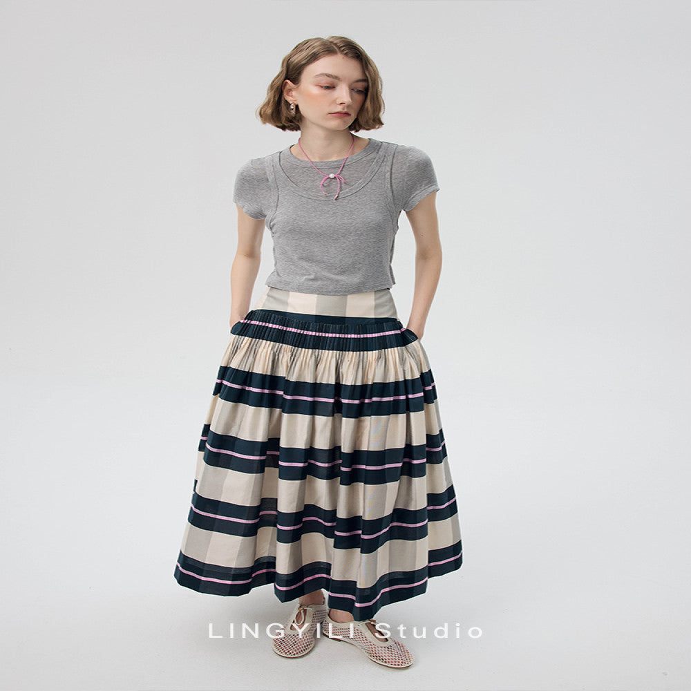 LINGYLI Summer Series Madras plaid cotton polyester yarn dyed sleeveless top pleated umbrella skirt set image 18