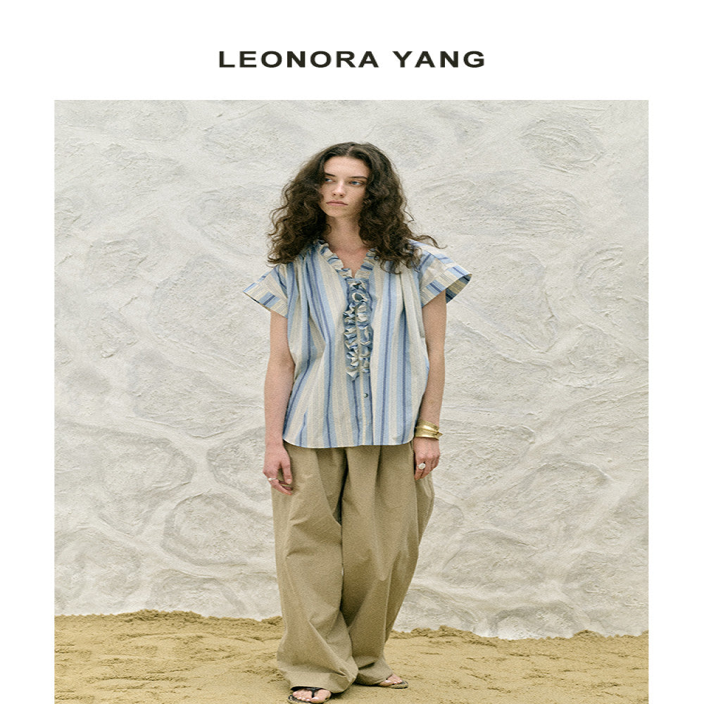 LEONORA YANG original niche long staple cotton dropped shoulder sleeves wood ear design striped shirt women s summer image 6