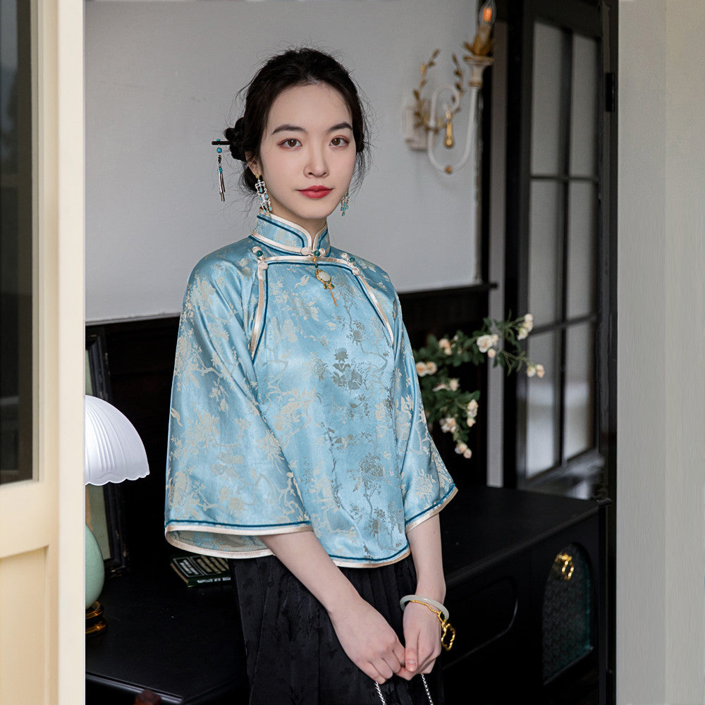 Yubing Qu Fu Xia New Chinese style Republic of China style Top Cheongsam Buckle Retro One piece Inverted Large Sleeve High end Style image 10