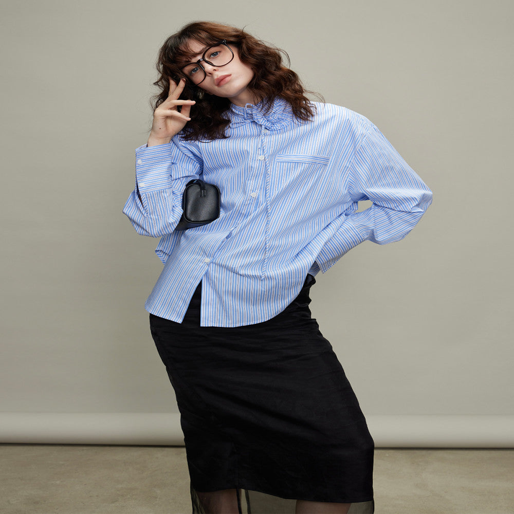 3ONE2025 autumn design sense niche rose stripe loose shirt miu style silhouette sun protection top for women image 2