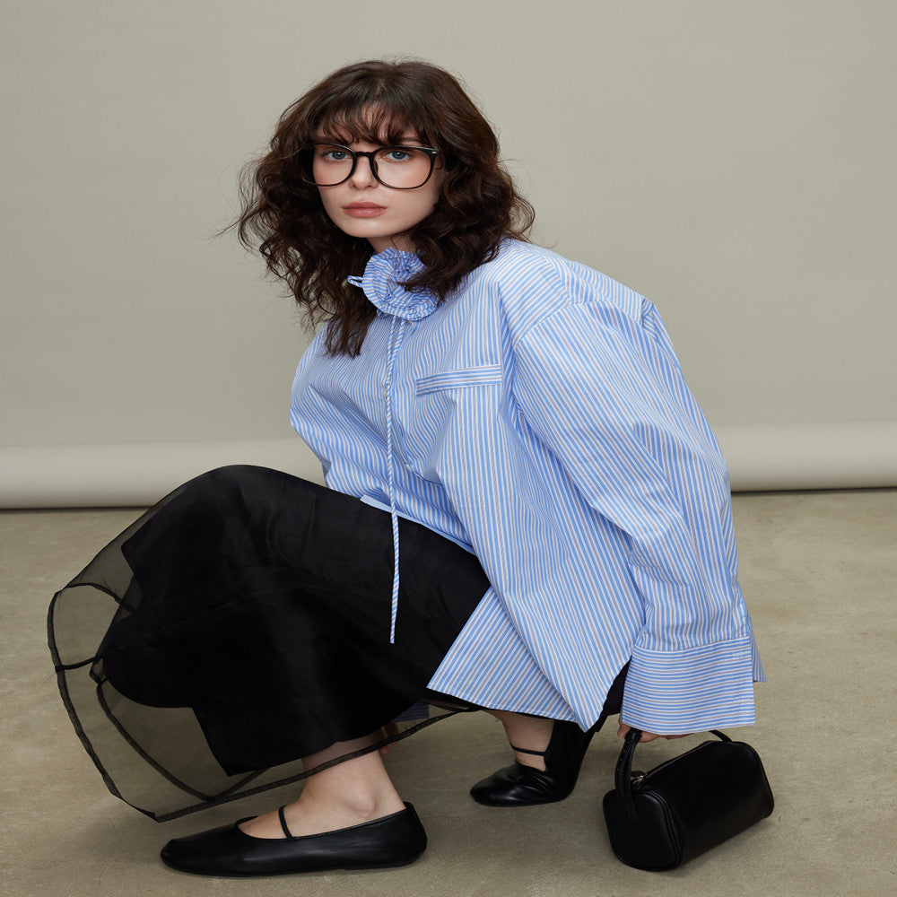 3ONE2025 autumn design sense niche rose stripe loose shirt miu style silhouette sun protection top for women image 0