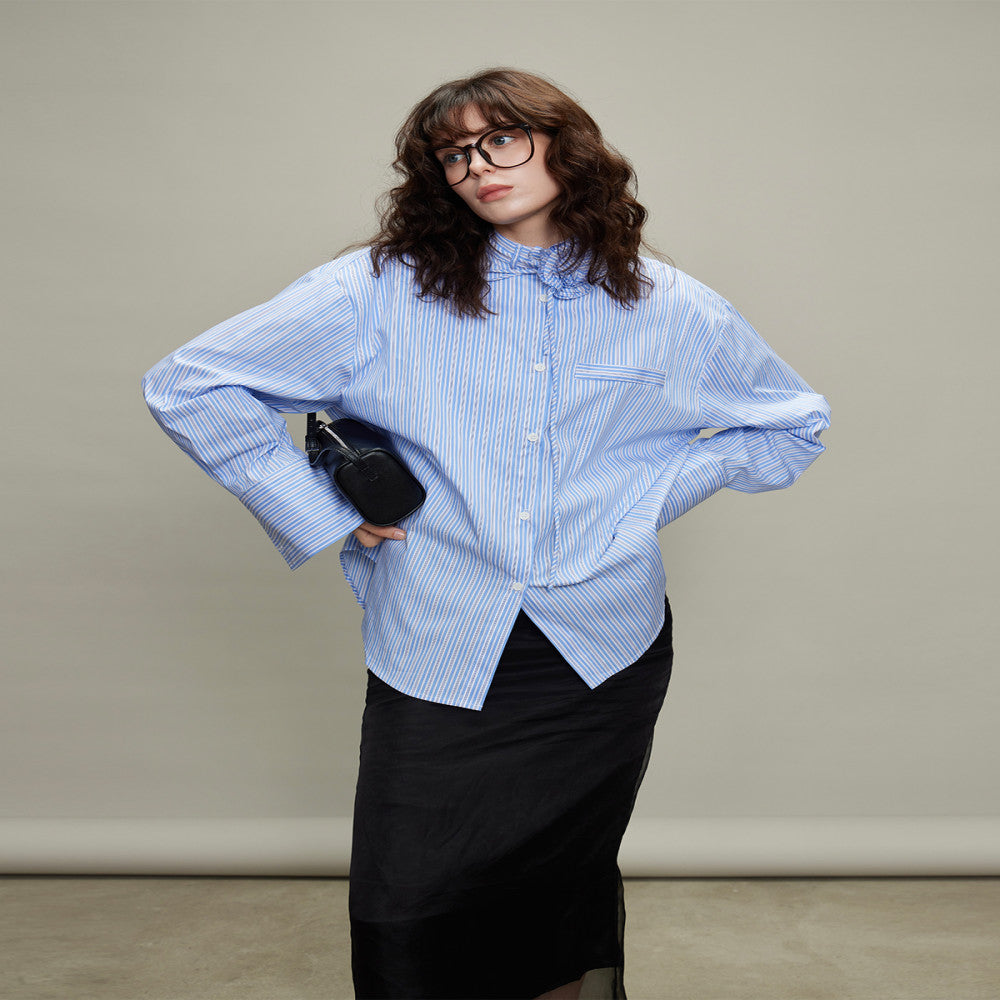 3ONE2025 autumn design sense niche rose stripe loose shirt miu style silhouette sun protection top for women image 11
