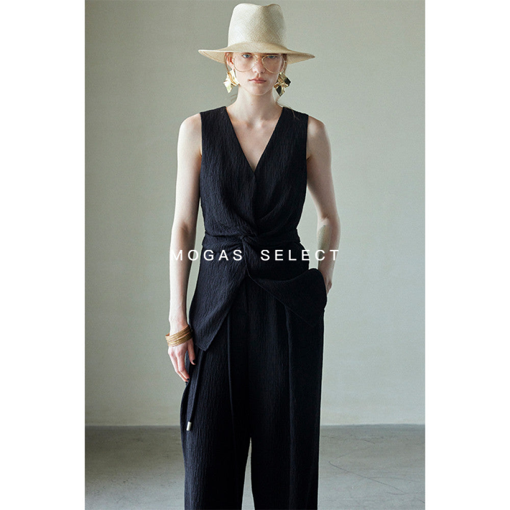 ASAYA3496 "Beauty Wrinkle" Sleeveless V-Neck Twist Vest and Matching Pants (Sold Seperately / Two Colors)