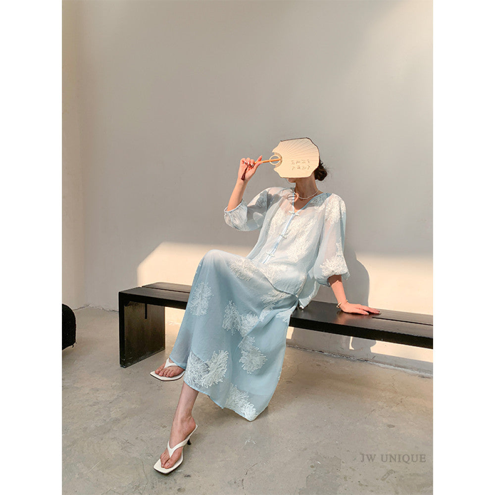 JWUNIQUE dimple blue new Chinese style two piece suit women s autumn 2025 shirt top skirt shorts image 8
