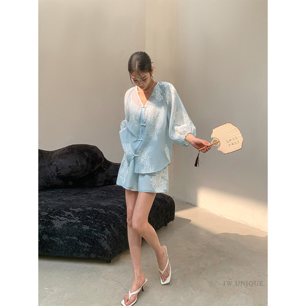 JWUNIQUE dimple blue new Chinese style two piece suit women s autumn 2025 shirt top skirt shorts image 18
