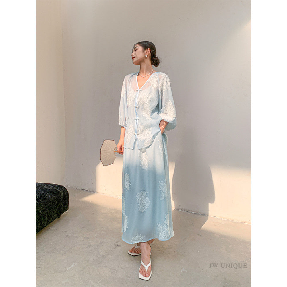 JWUNIQUE dimple blue new Chinese style two piece suit women s autumn 2025 shirt top skirt shorts image 29