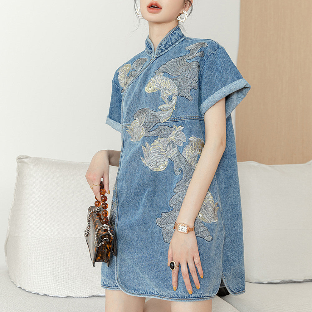 Retro Chinese style buttoned cheongsam everyday women s design niche fashionable new Chinese style carp embroidered denim dress image 12