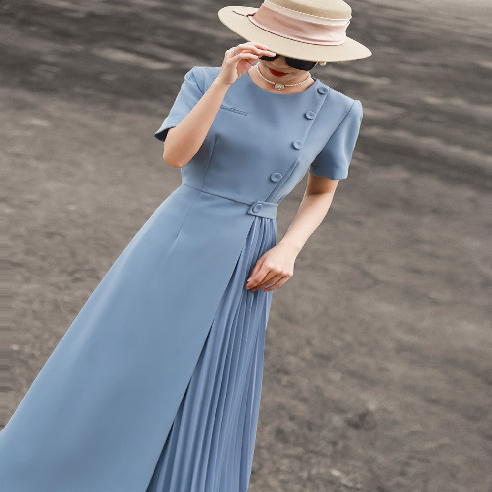 Lanser 2025 Summer New Style Elegant Commuter Short Sleeve Solid Color Waist Fold Splicing Dress for Women image 8