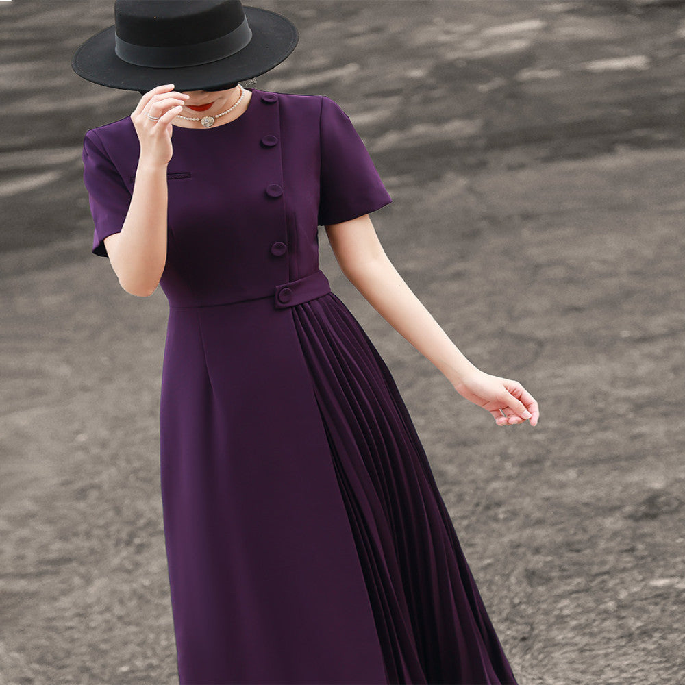 Lanser 2025 Summer New Style Elegant Commuter Short Sleeve Solid Color Waist Fold Splicing Dress for Women image 16