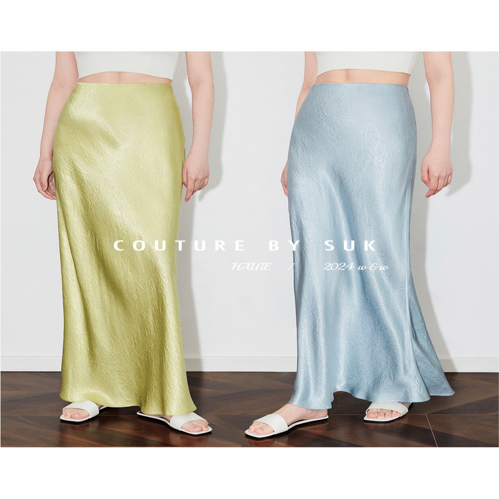 SUK protagonist halo Acetate satin midi skirt for women in summer 2025 new high waist slimming and hip hugging long skirt image 1