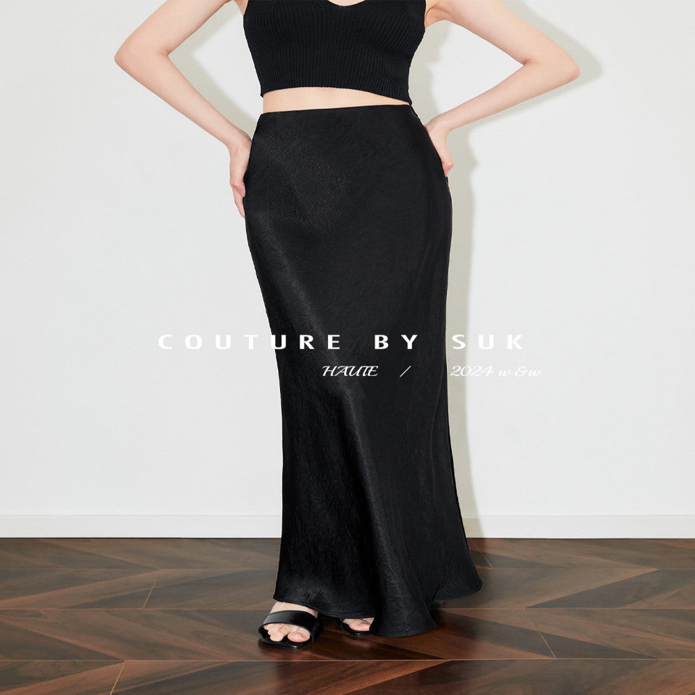 SUK protagonist halo Acetate satin midi skirt for women in summer 2025 new high waist slimming and hip hugging long skirt image 2