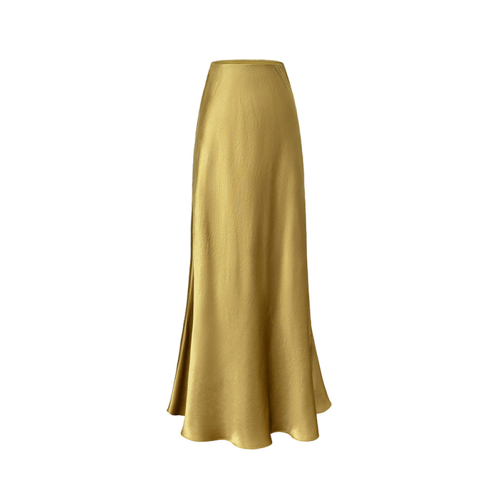 SUK protagonist halo Acetate satin midi skirt for women in summer 2025 new high waist slimming and hip hugging long skirt image 28