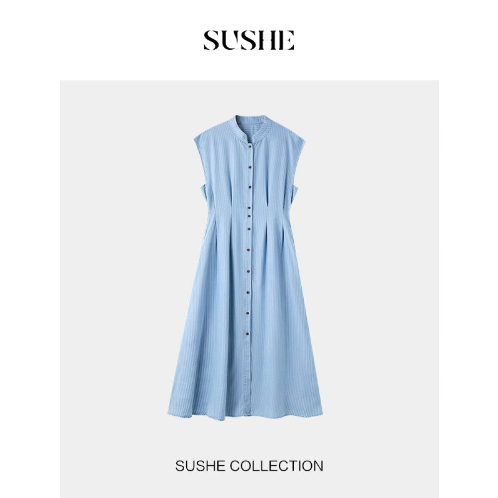 SUSHE Cool Cloud Soft New Tencel Blue and White Striped Shoulder Sleeve French Waist A Line Dress for Women image 7