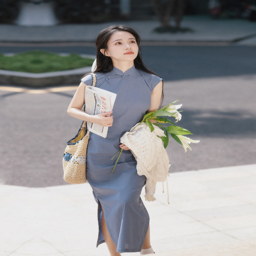 Momo Spring and Summer Small Sleeves with Semi Open Skirts Medium Length Retro Daily Solid Color Hemp Cotton Cheongsam Southwest image 16