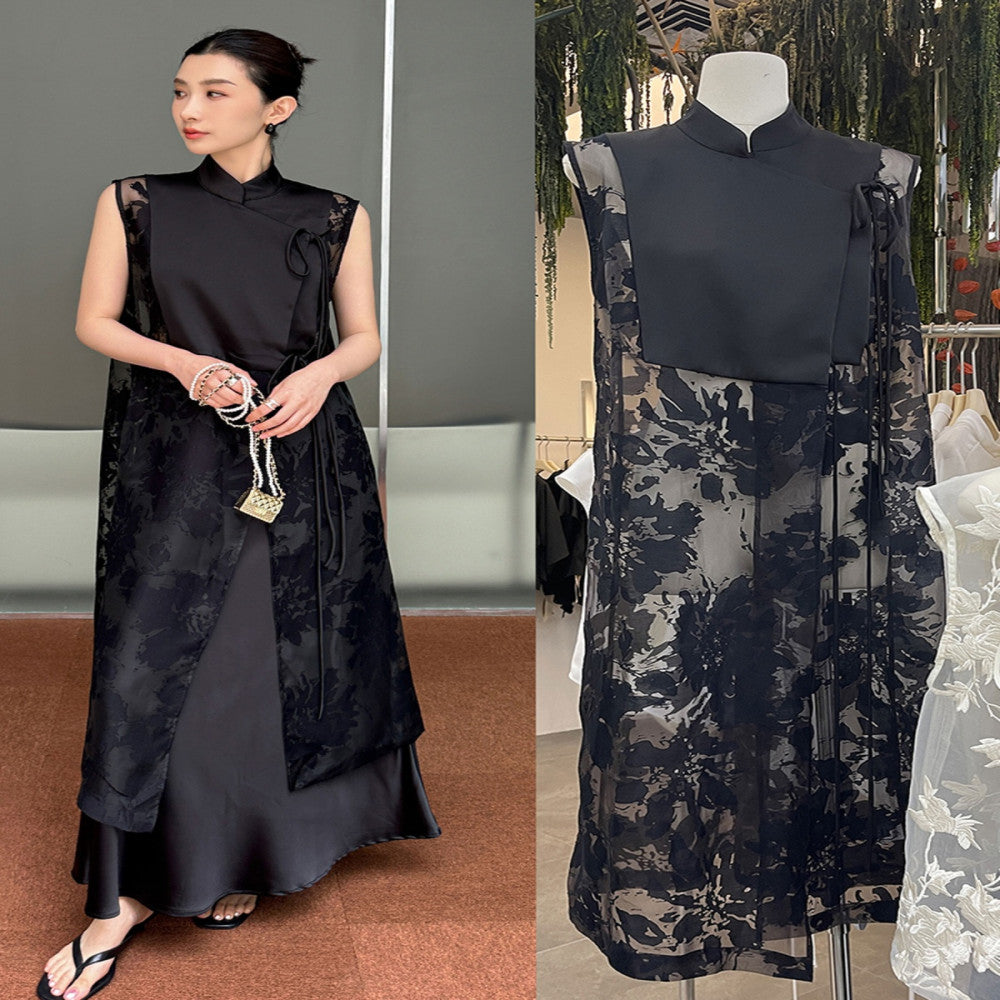 EAMODE Ancient Charm Retro Chinese Style Vest Sleeveless Dress Mid Length Cardigan Shirt Dress image 0
