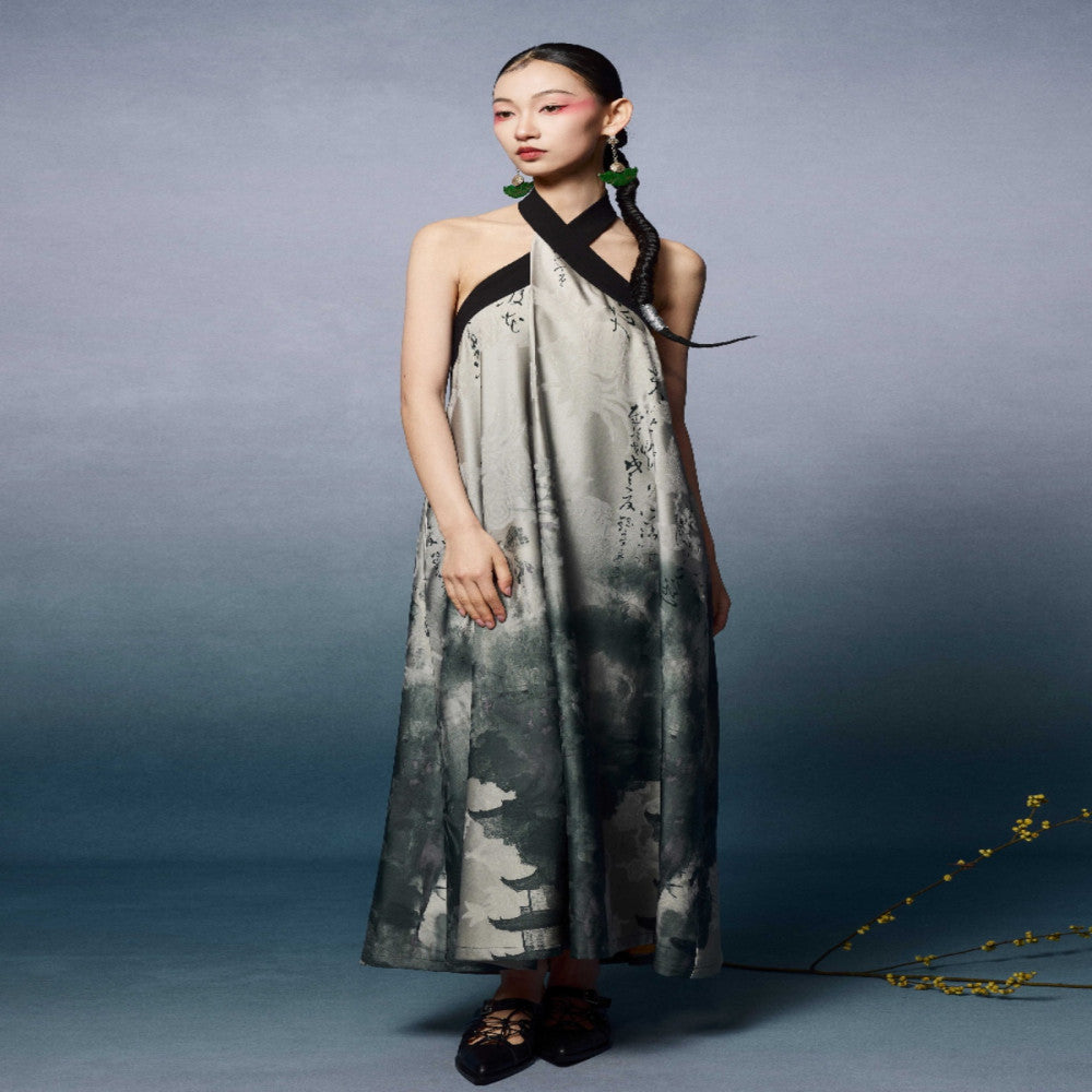 Niche long halter dress backless summer new Chinese style green sleeveless Zen dress loose image 0