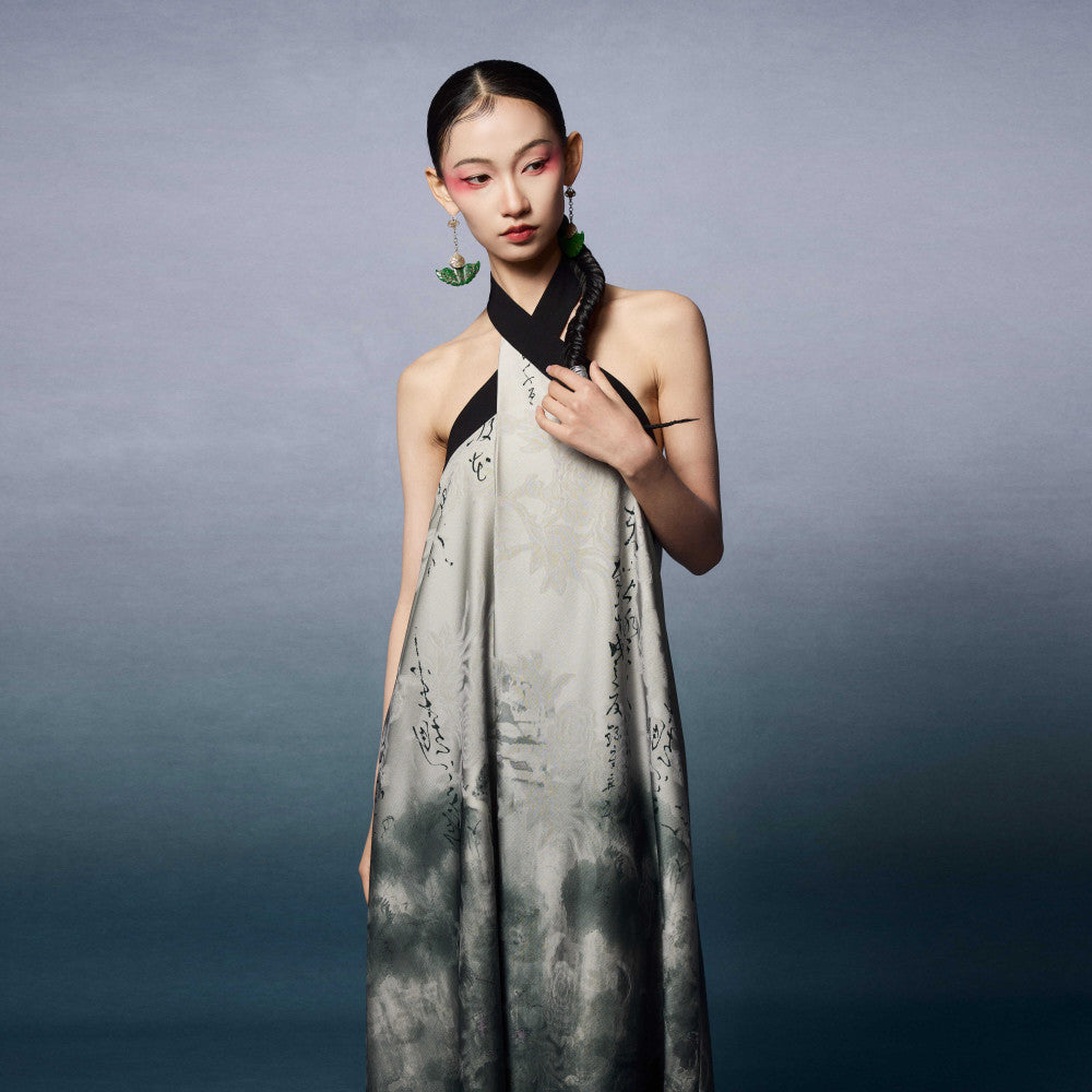 Niche long halter dress backless summer new Chinese style green sleeveless Zen dress loose image 8