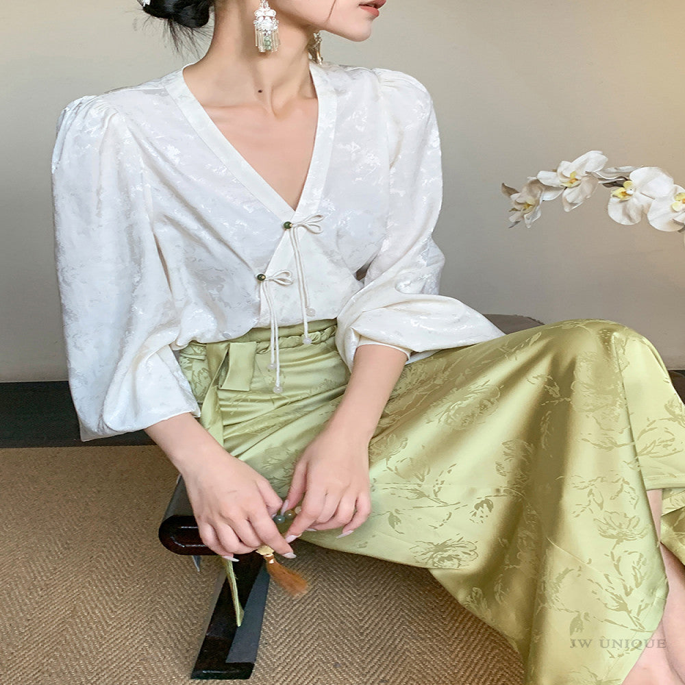 JWUNIQUE dimple green new Chinese style skirt female autumn 2025 high waist slim hip long skirt image 2