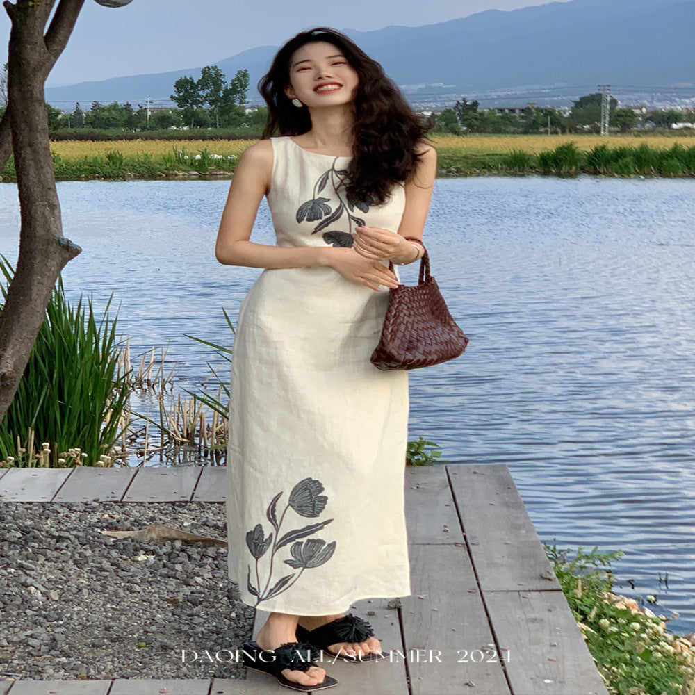 Xu Daqing Shunhua Retro Lazy Linen Printed Holiday Travel Tank Top High Waist Versatile Dress Top image 78