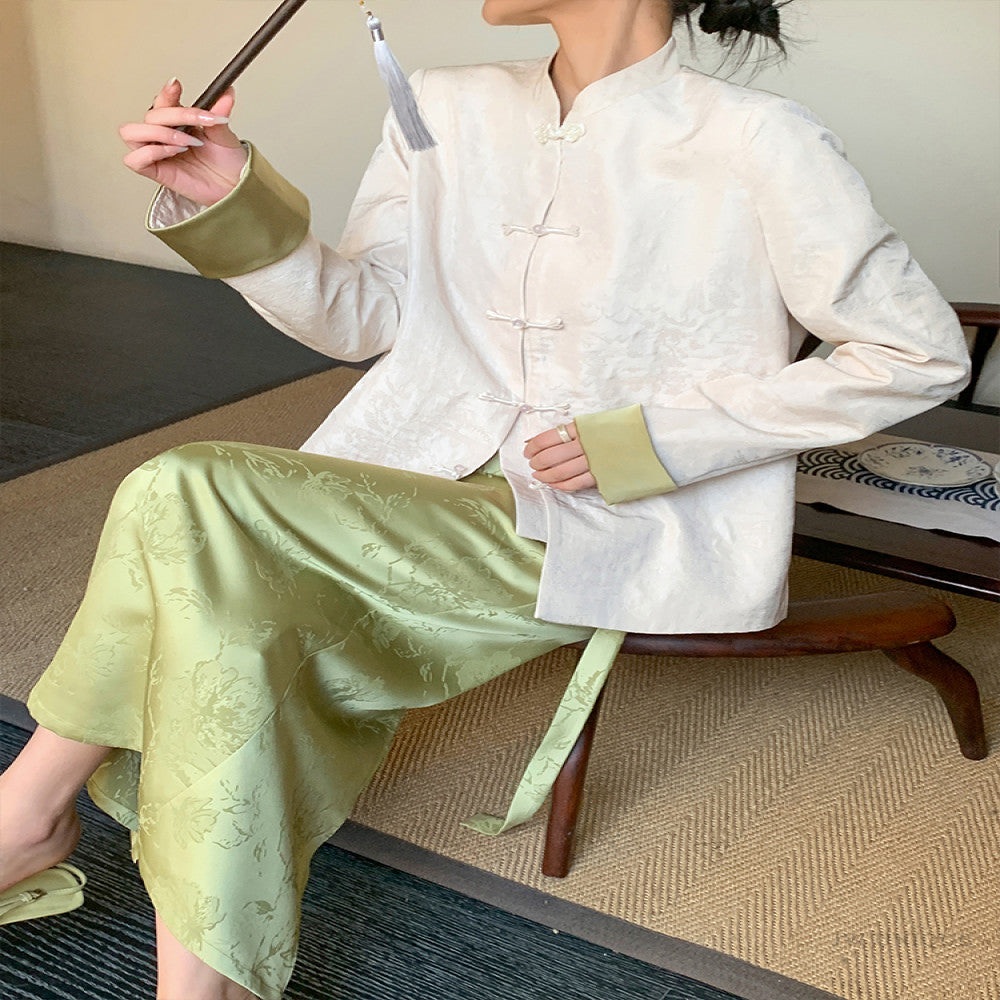 JWUNIQUE dimple green new Chinese style skirt female autumn 2025 high waist slim hip long skirt image 5