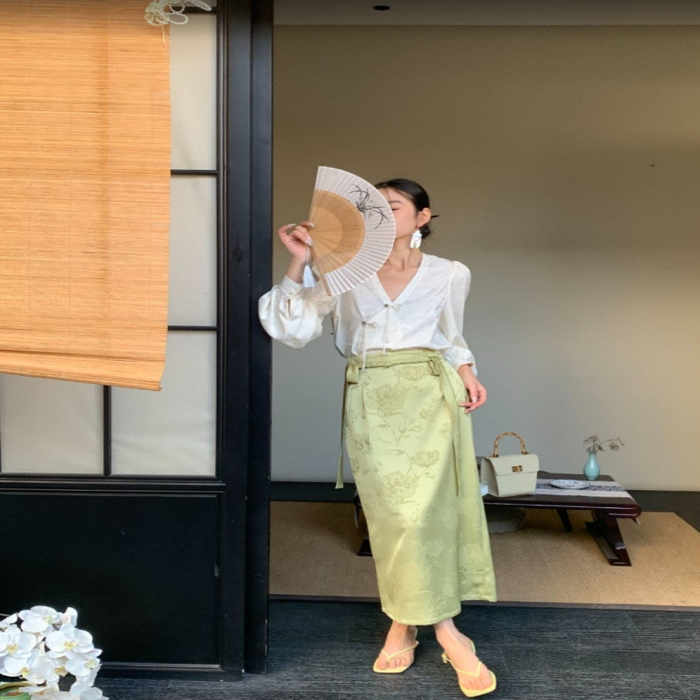 JWUNIQUE dimple green new Chinese style skirt female autumn 2025 high waist slim hip long skirt image 9