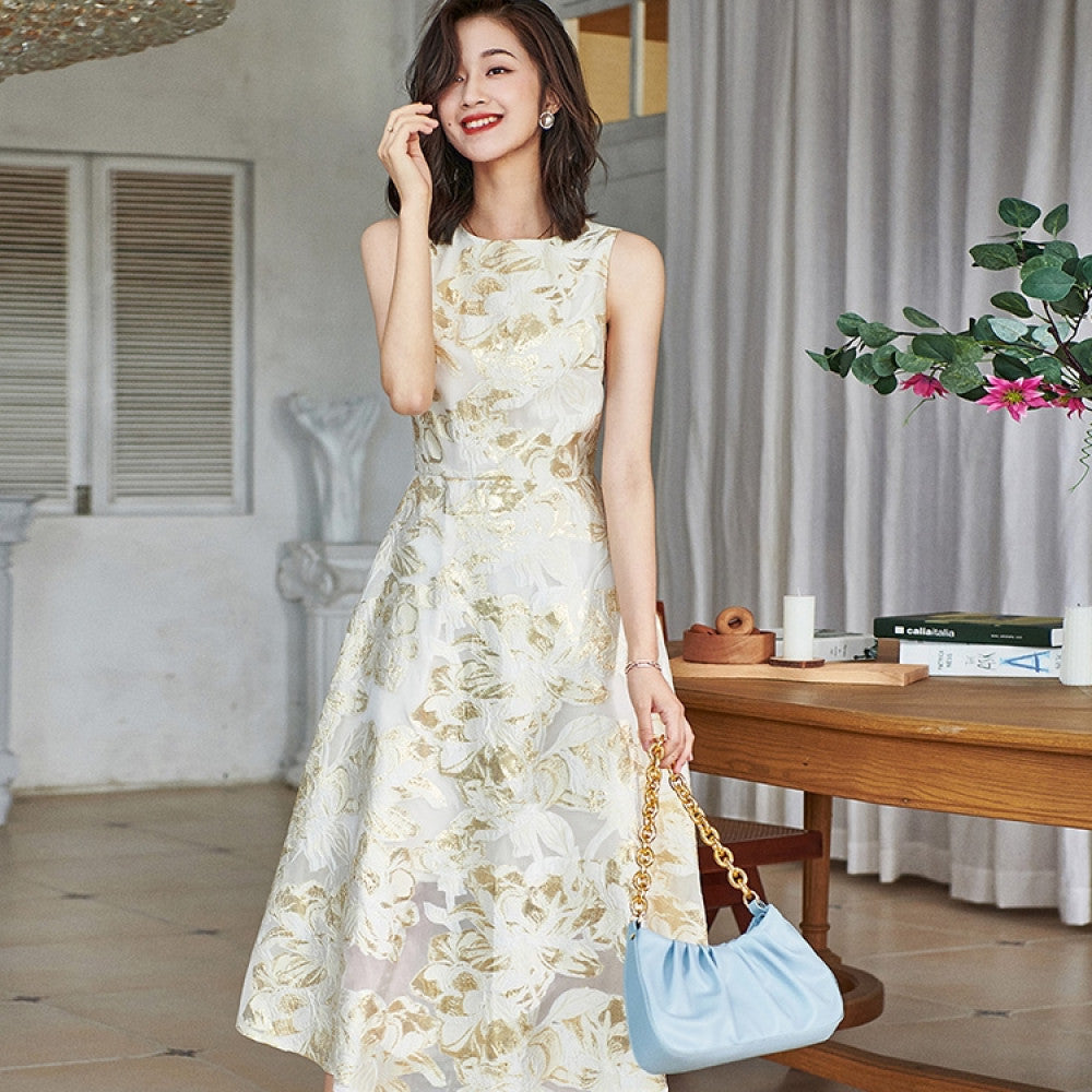Thin and luxurious high waisted dress for women in spring 471 organza jacquard gold three dimensional embroidery socialite style long dress image 31