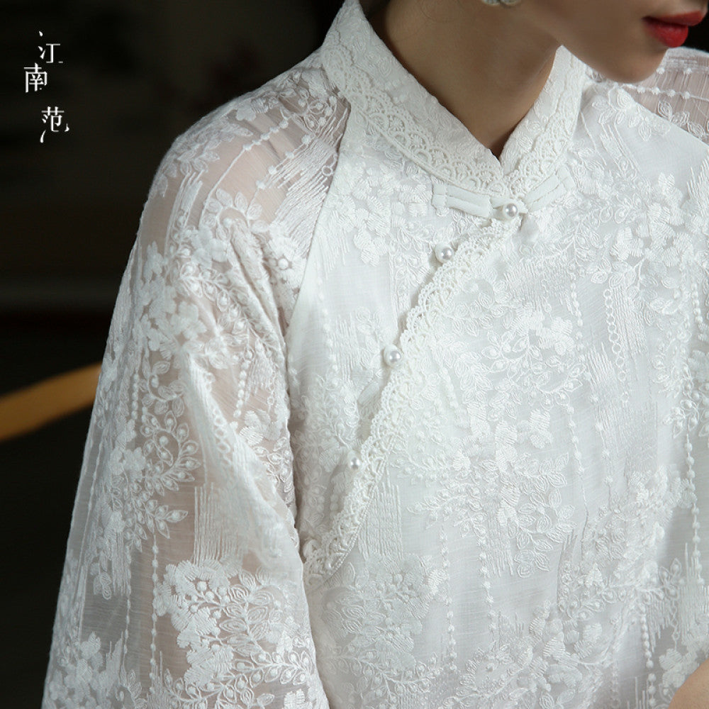 Jiangnan style white lace modified cheongsam short top Republic of China style retro elegant fresh tea dress blouse image 15