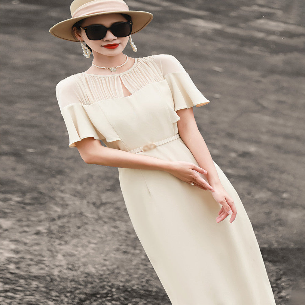 Lanser 2025 summer new temperament high end feeling lotus leaf sleeve splicing lace up slim fit and slimming package hip dress for women image 0