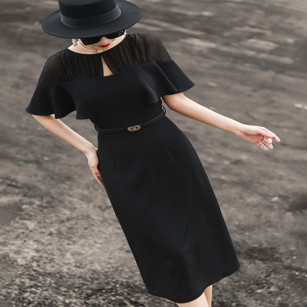 Lanser 2025 summer new temperament high end feeling lotus leaf sleeve splicing lace up slim fit and slimming package hip dress for women image 17