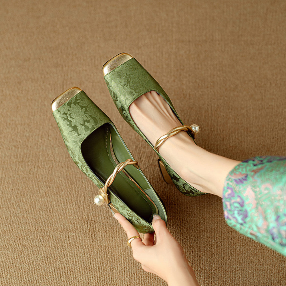 Mu Xiaoxi WvavW New Chinese Style Qipao High Heels Embroidered Satin Square Head French Mary Jane Single Shoes image 19