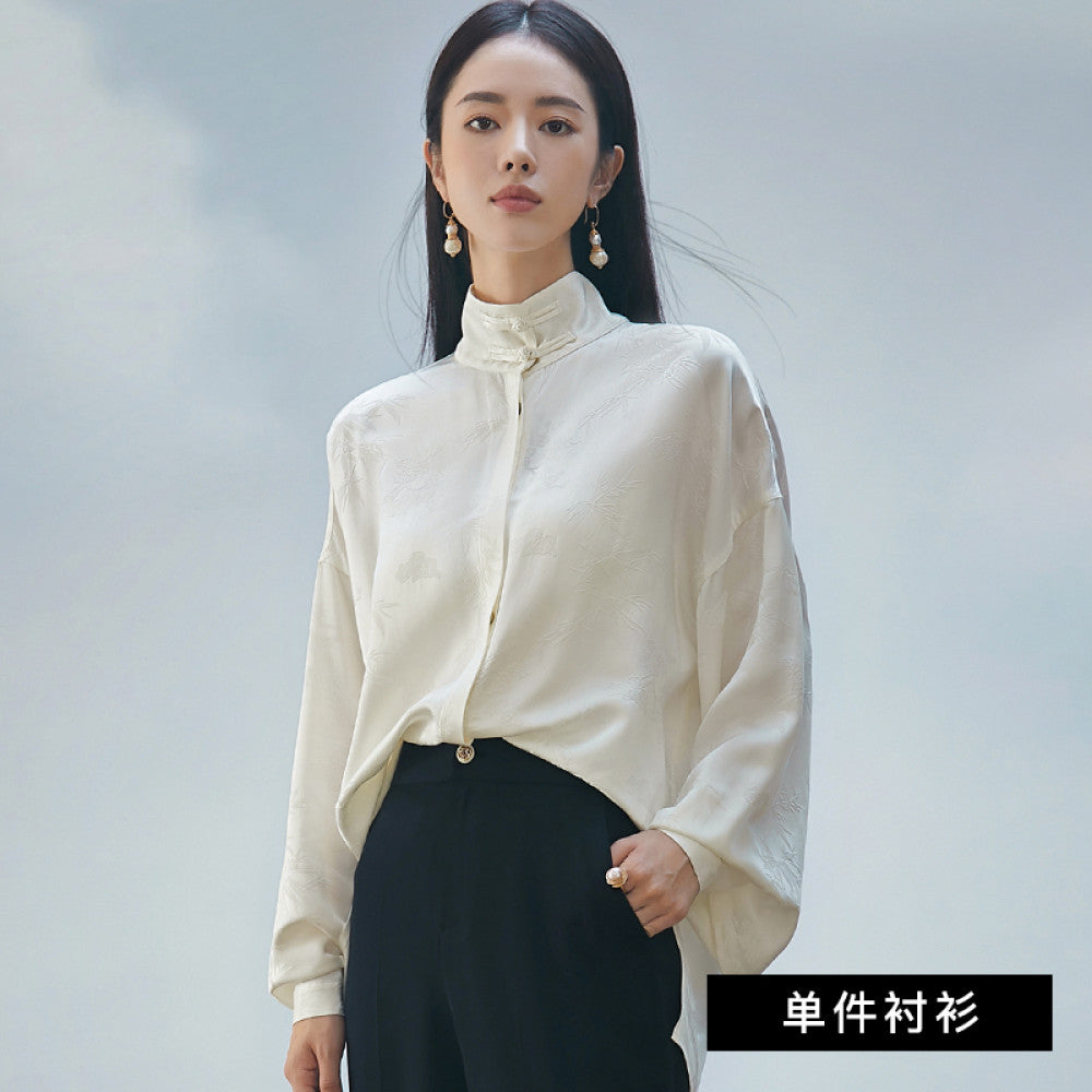 FUYAO New Chinese Style Silk Stand up Collar Shirt for Women 2025 Autumn New Fragrant Cloud Yarn Retro Top image 17