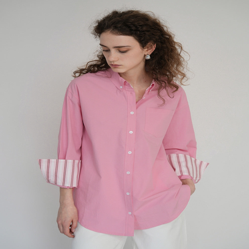 JILLA2024 summer pink cotton shirt with striped cuffs simple design and age reducing commuting sunscreen shirt image 6