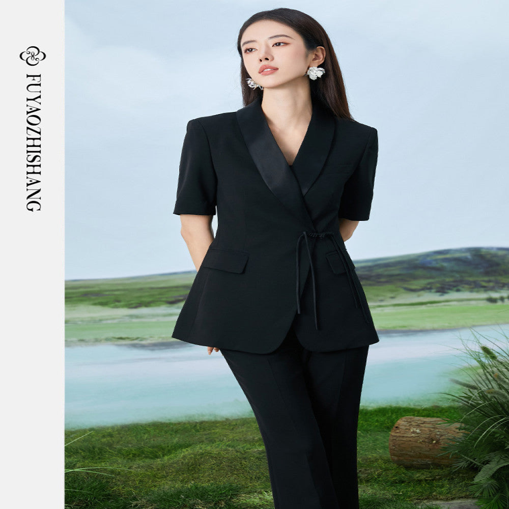 FUYAO Fuyao black suit women s summer thin work clothes Chinese style waist button suit two piece suit image 1
