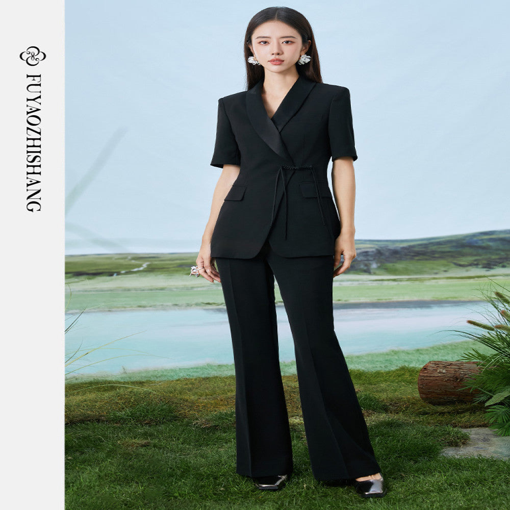 FUYAO Fuyao black suit women s summer thin work clothes Chinese style waist button suit two piece suit image 2