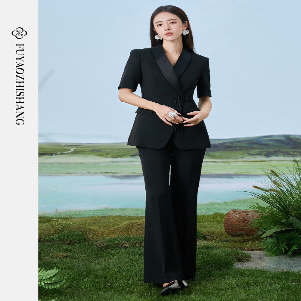 FUYAO Fuyao black suit women s summer thin work clothes Chinese style waist button suit two piece suit image 4