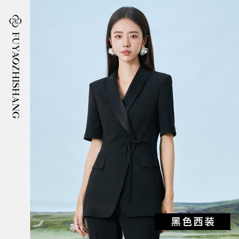 FUYAO Fuyao black suit women s summer thin work clothes Chinese style waist button suit two piece suit image 9