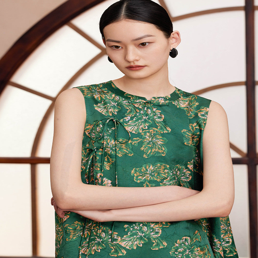Ruyi Lianyun Summer Silk Blended Slant Hemp Jacquard Shirt for Women New Chinese Style Chinese Style Retro Lace up and Buckle Top image 0