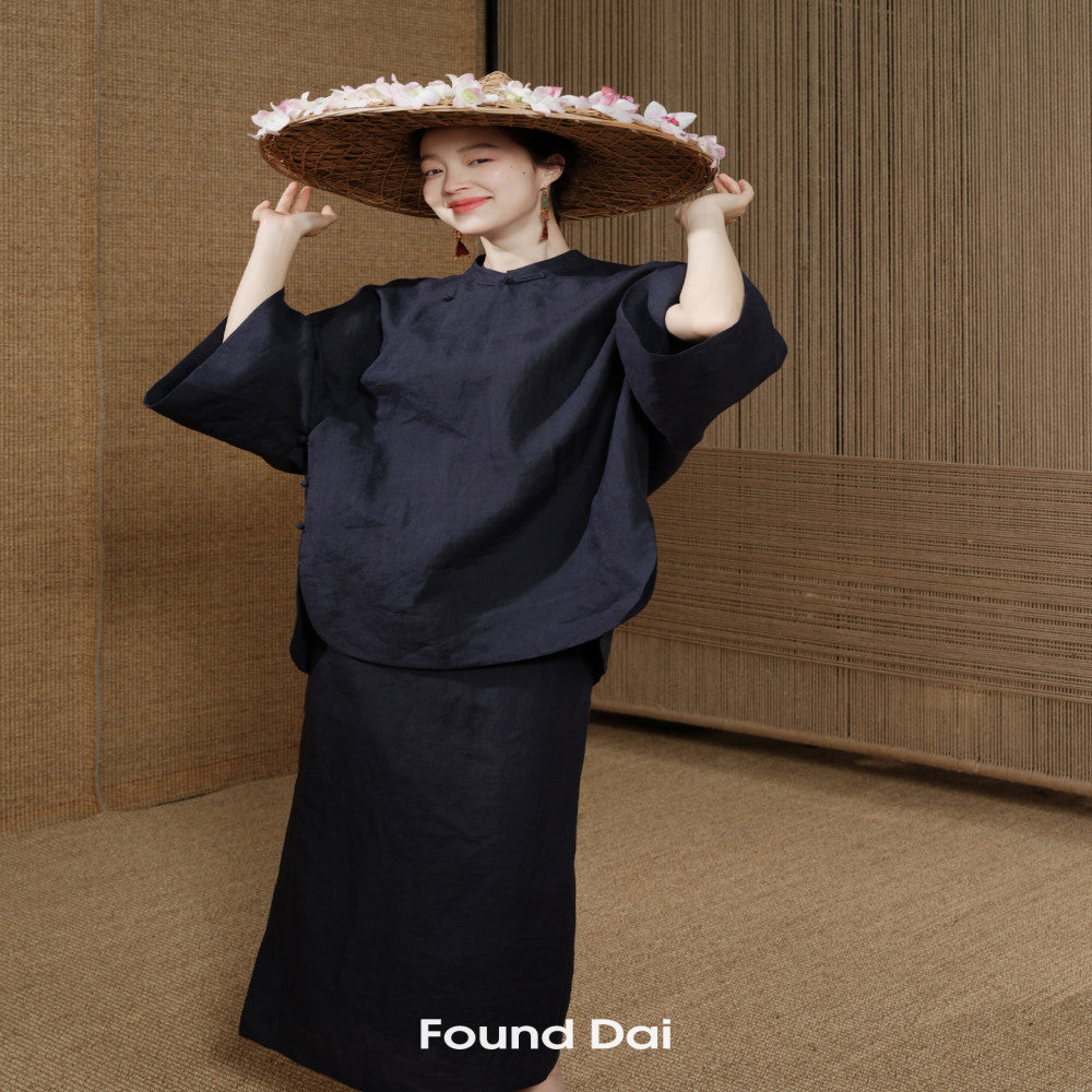 ASAYA3412 100% ramie | New Chinese style tailoring, stand-up collar and large placket top | Wide side hem and layered skirt