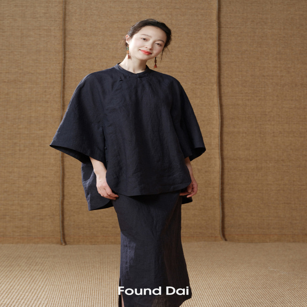 100 Ramie New Chinese style Cut Stand up Collar Top Side Wide Edge Stacked Half Skirt image 123