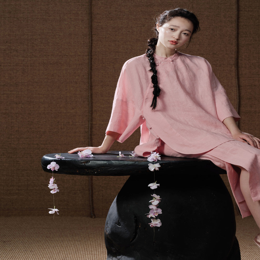 ASAYA3412 100% ramie | New Chinese style tailoring, stand-up collar and large placket top | Wide side hem and layered skirt