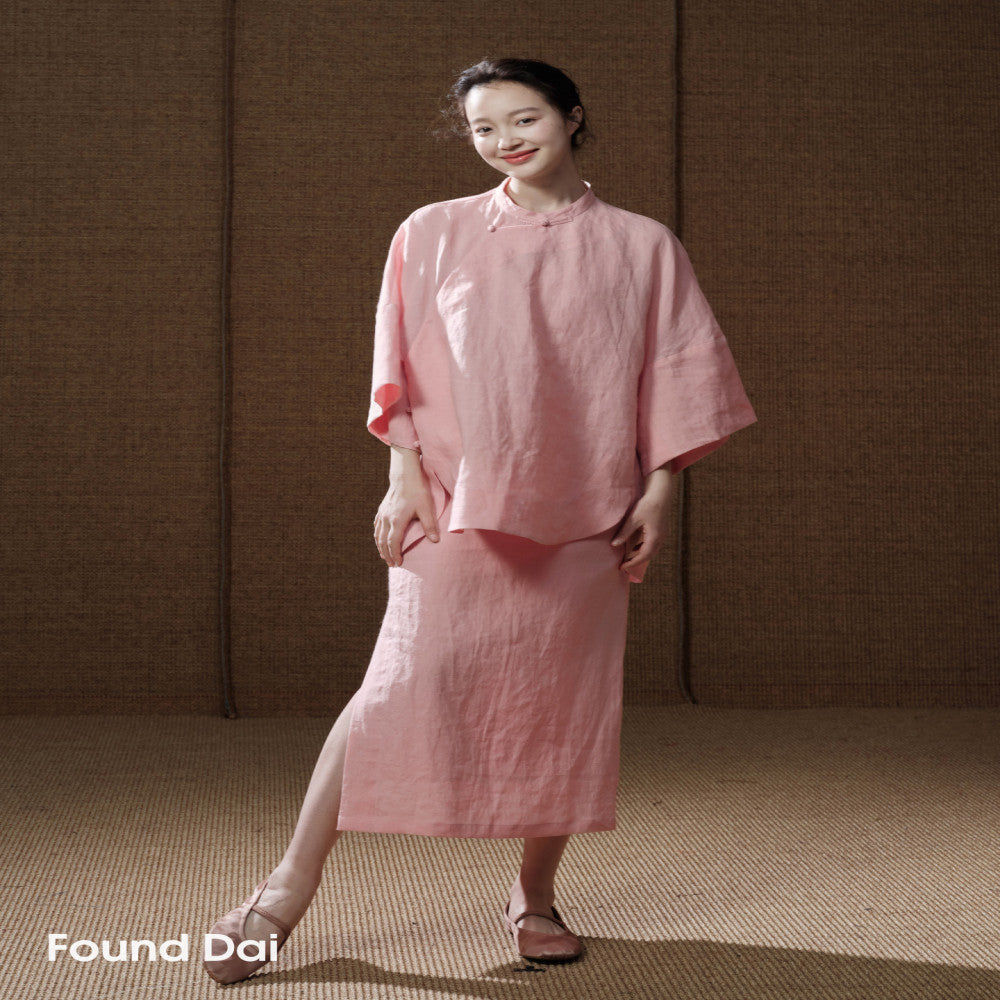 100 Ramie New Chinese style Cut Stand up Collar Top Side Wide Edge Stacked Half Skirt image 153
