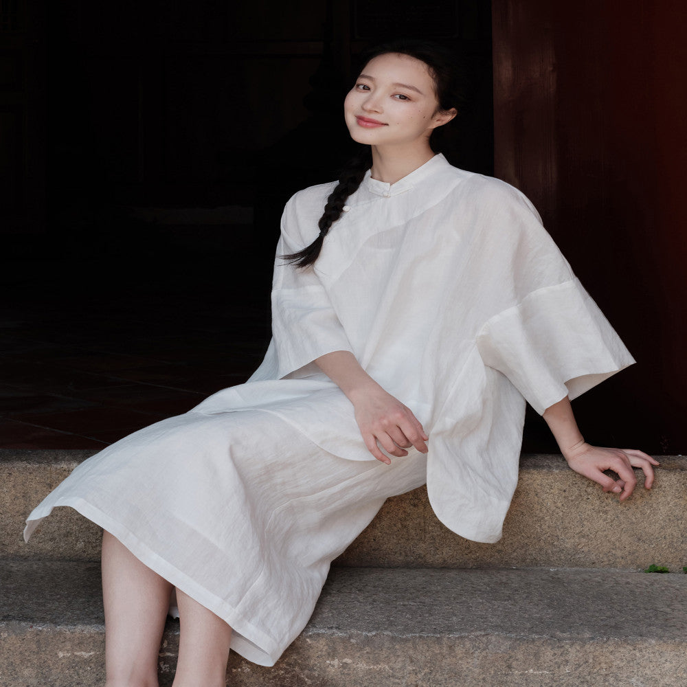 100 Ramie New Chinese style Cut Stand up Collar Top Side Wide Edge Stacked Half Skirt image 171