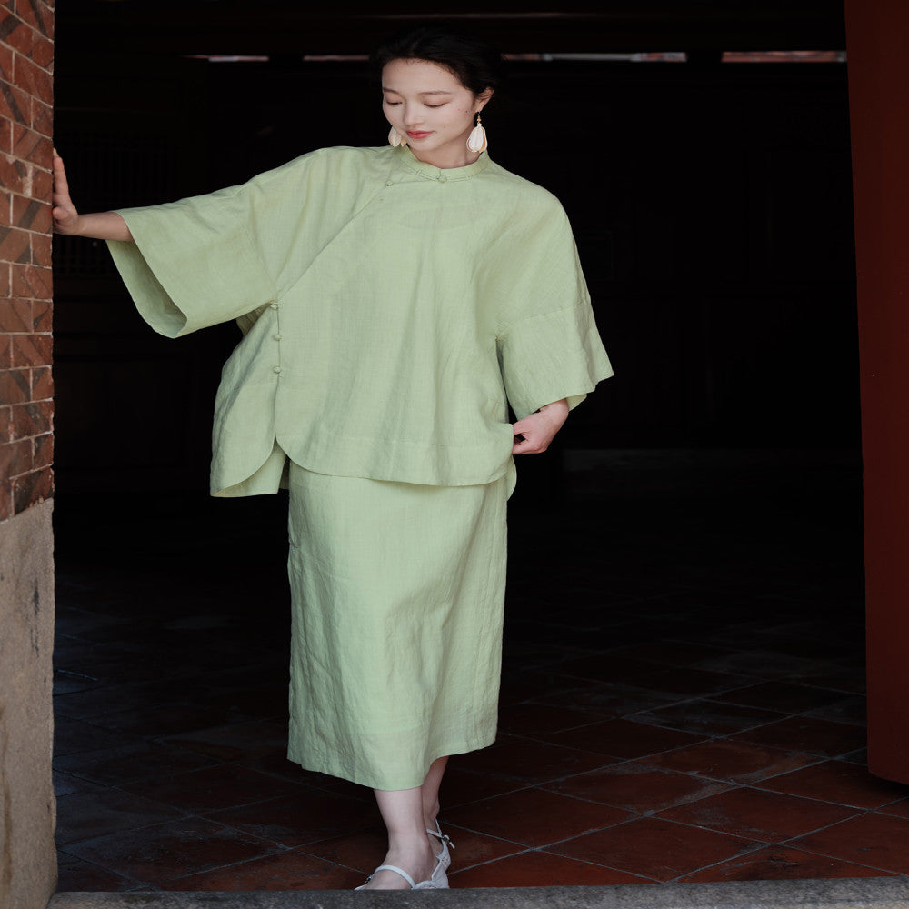 ASAYA3412 100% ramie | New Chinese style tailoring, stand-up collar and large placket top | Wide side hem and layered skirt