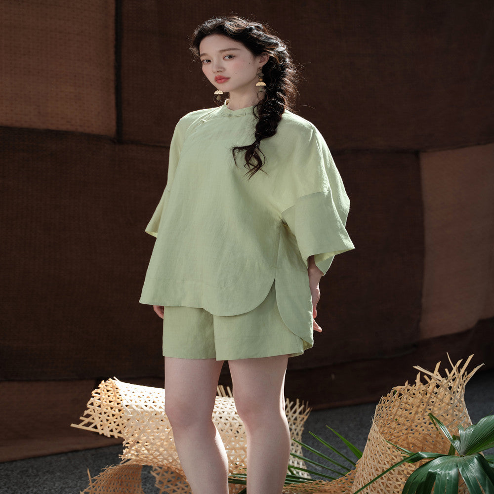100 Ramie New Chinese style Cut Stand up Collar Top Side Wide Edge Stacked Half Skirt image 49