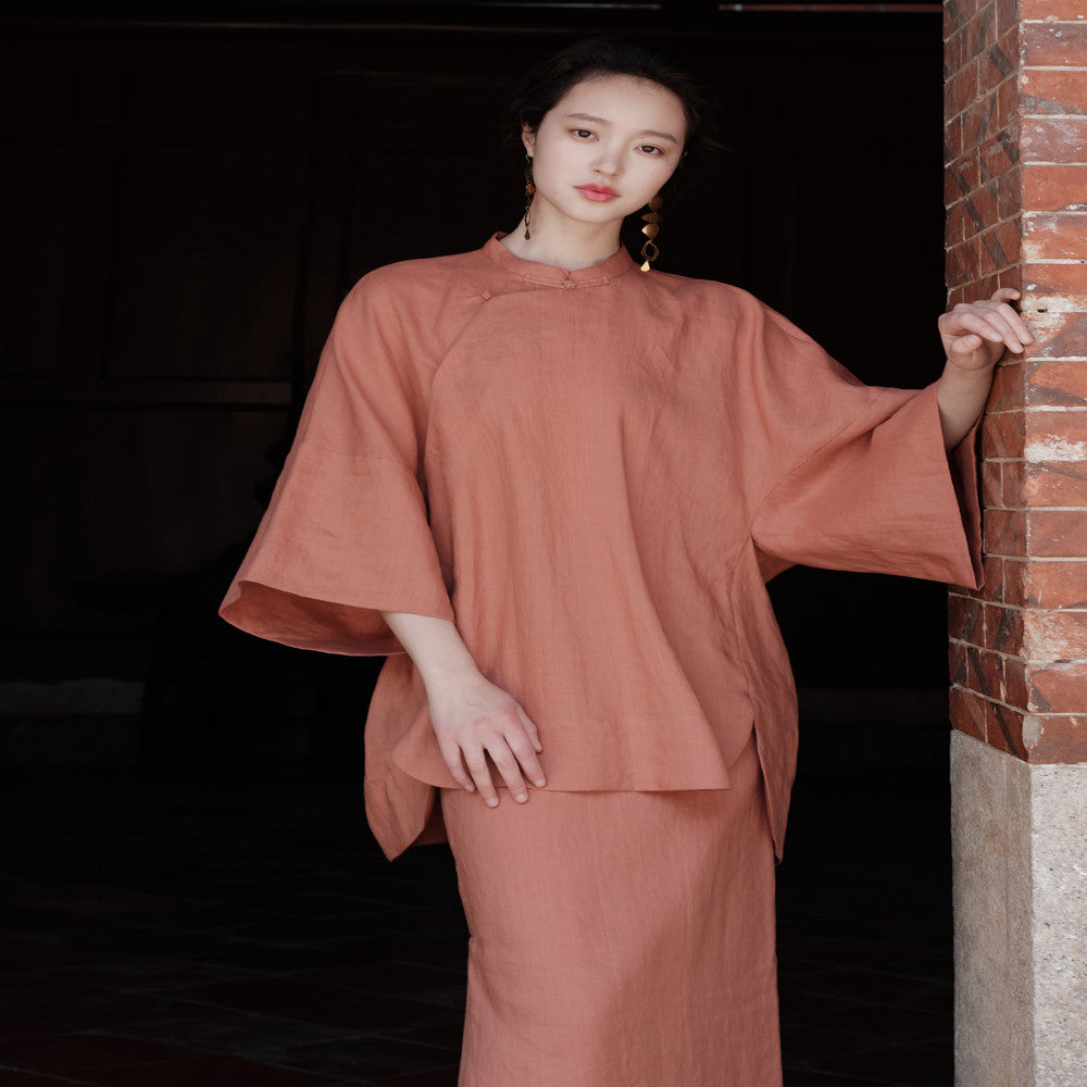 100 Ramie New Chinese style Cut Stand up Collar Top Side Wide Edge Stacked Half Skirt image 56